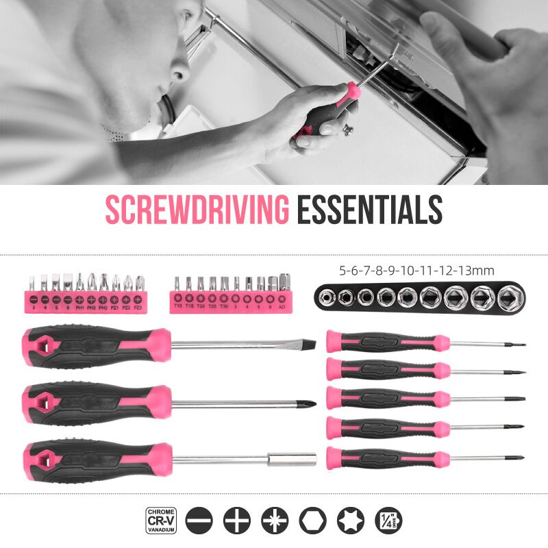 56pcs Pink Home Tool Kit Basic Manu Tools Box Repairs Complete Tool Set for Women